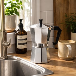May include: A silver-colored aluminum moka pot with an octagonal base, a black plastic handle, and a black knob on the lid. The coffee maker features a small brass-colored pressure valve on the side and a hinged lid, standing on a wooden surface.