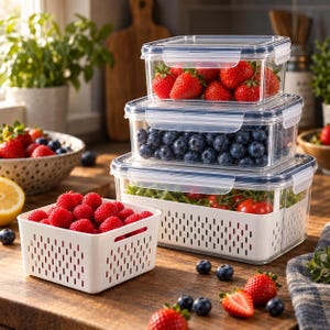 Könnte beinhalten: Ein Stapel aus drei rechteckigen, durchsichtigen Kunststoff-Vorratsbehältern mit blauen Verschlussdeckeln. Der oberste Behälter enthält Erdbeeren, der mittlere Blaubeeren und der untere Tomaten und Grünzeug. Ein weißer Kunststoffkorb enthält Himbeeren.