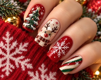 3D Christmas Tree Reindeer Press On Nails | Snowflake Candy Stripe Holiday Fake Nails | Festive Xmas Nail Art | Gift for Her