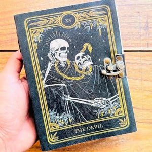 The Devil Tarot Leather Journal, Gothic Skeleton Notebook, Handmade Black Diary with Antique Lock, Witchy Grimoire, Dark Academia Gift