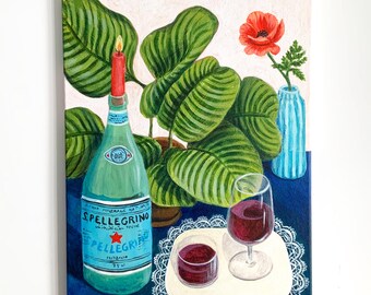 Pintura original en acrílico sobre lienzo, bodegón con calathea, botella italiana y vino tinto