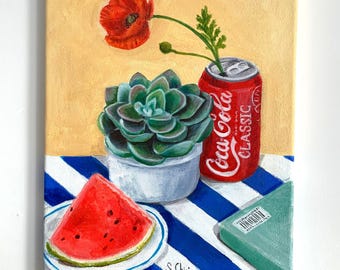 Bodegón contemporaneo original en acrilico con sandía, amapola en lata de refresco y suculenta ideal para decoración de cocina
