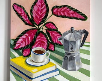 Cuadro Original en Acrílico – Bodegón Contemporáneo con Cafetera Bialetti, Libros y Calathea – Arte Moderno para Cocina y Hogar – 38×46 cm