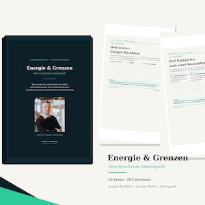 May include: A digital workbook titled Energie & Grenzen featuring a dark blue cover with a portrait of a person, alongside two white interior pages with German text, structured layouts, and headings like Dein kurzer Energie-Rückblick.