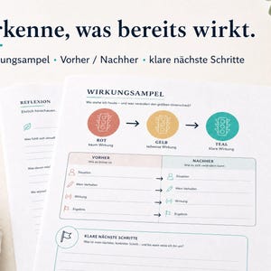 Könnte beinhalten: Ein weißes Arbeitsblatt mit der Überschrift Erkenne, was bereits wirkt, unterteilt in Wirkungsampel, Vorher / Nachher und klare nächste Schritte. Das Dokument enthält eine Ampelgrafik mit roten, gelben und türkisfarbenen Kreisen sowie Linien für schriftliche Reflexionen und Planungen.