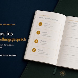 May include: A digital workbook titled Sicher ins Vorstellungsgespräch, featuring an open page with the STAR method structure, including Situation, Aufgabe, Handlung, and Ergebnis, alongside a page for interview preparation with written prompts.