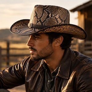 May include: A cowboy hat featuring a brown and black snakeskin pattern, a wide brim, and a dark braided hatband adorned with a small silver-toned star emblem at the front. The hat is constructed with a structured crown and a curved brim design.