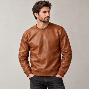 Echt leren sweatshirt voor heren, bruine trui met ronde hals, lange mouwen, casual modieuze top, streetwear.