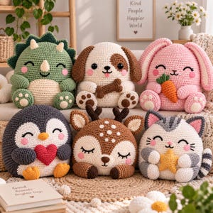 May include: A collection of six crocheted plush toys including a green triceratops, a brown and white puppy holding a bone, a pink bunny with a carrot, a grey penguin with a red heart, a brown deer, and a grey and white cat holding a yellow star.