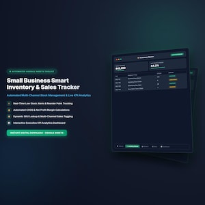 May include: A digital Small Business Smart Inventory & Sales Tracker toolkit for Google Sheets. The interface displays an inventory dashboard with stock levels, net profit margins, and automated multi-channel stock management features.