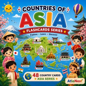 Könnte beinhalten: Ein buntes Lernplakat mit dem Titel Countries of Asia Flashcards Series, das eine Karte Asiens mit Wahrzeichen wie dem Taj Mahal und dem Berg Fuji zeigt, umgeben von Zeichentrickkindern mit Nationalflaggen und einem Heißluftballon.