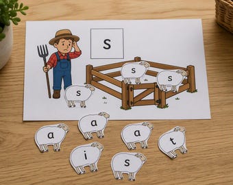May include: An educational activity sheet featuring a cartoon farmer holding a pitchfork next to a wooden fence and a large letter S. Several sheep cutouts are included, some placed near the fence and others below, each labeled with letters.