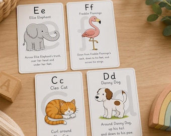 May include: Four rectangular educational flashcards featuring letters Ee, Ff, Cc, and Dd. Each card displays a cartoon animal, including Ellie Elephant, Freddie Flamingo, Cleo Cat, and Danny Dog, alongside descriptive text for writing the letters.