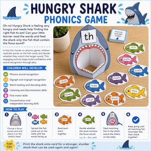 May include: A Hungry Shark Phonics Game set featuring a paper shark cutout with the text 'th' on its head, a blue focus sound card, and several colorful fish-shaped cards with words like 'thin', 'path', 'bath', 'moth', 'this', 'than', 'shut', 'them', 'tree', and 'chat'.