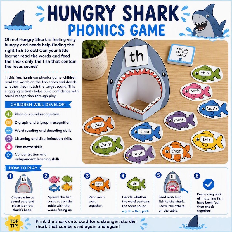 May include: A Hungry Shark Phonics Game set featuring a paper shark cutout with the text 'th' on its head, a blue focus sound card, and several colorful fish-shaped cards with words like 'thin', 'path', 'bath', 'moth', 'this', 'than', 'shut', 'them', 'tree', and 'chat'.