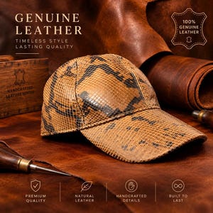 Puede incluir: Una gorra de béisbol con un patrón de piel de serpiente en tonos bronceado y negro. La gorra está confeccionada en cuero genuino con costuras visibles a lo largo de los paneles y la visera. El diseño incluye una corona estructurada y una visera curva.