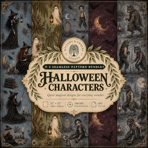Peut inclure: Un ensemble numérique de cinq motifs d'Halloween sans couture avec des illustrations de sorcières, fantômes, zombies, lunes et loups-garous. L'étiquette centrale indique Willows & Embers Studio, 5 Seamless Pattern Bundle, Halloween Characters, 30,48 cm x 30,48 cm, 300 DPI, JPG.