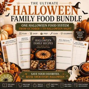 Könnte beinhalten: Ein digitales Halloween-Familien-Lebensmittelpaket mit Rezeptbuch, Essensplaner, Einkaufsliste, Vorbereitungsplan und Essenskalender. Das Design enthält Text, Kürbisillustrationen, Spinnennetzgrafiken und Bilder von thematischen Leckereien.