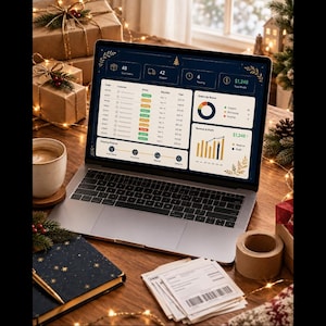 May include: A silver laptop displaying a dark-themed e-commerce dashboard with data tables, a circular chart, and a bar graph showing revenue and profit. The screen interface includes numerical metrics, shipping status icons, and gold leaf accents.