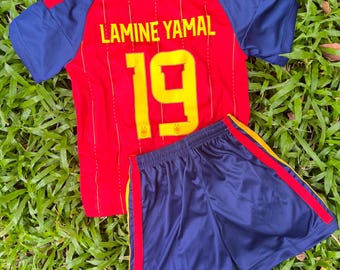 Lamine Yamal #19 Spain Kids Soccer Jersey Kit, Non Branded 2‑Piece Toddler Youth Football Uniform Outfit, Boys Football Gift