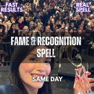 May include: A person smiling while holding a gold trophy in front of a large crowd. Text on the image reads: FAST RESULTS, REAL SPELL, FAME & RECOGNITION SPELL, SAME DAY. The person has dark hair and is positioned in the foreground with a blurred audience.