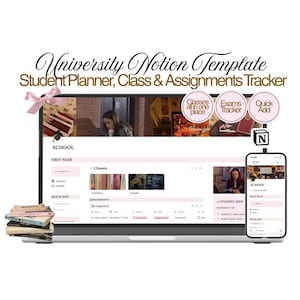 Op de afbeelding: Een digitaal Notion-sjabloon voor studenten weergegeven op een laptop- en smartphonescherm. De interface bevat secties voor lessen, opdrachten en examens. De tekst luidt: University Notion Template, Student Planner, Class & Assignments Tracker.