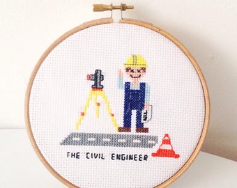 2 x PRESENTE DIY para Engenheiro Civil. Padrão de ponto cruz de profissões. Construção de estrada. Com Teodolito e capacete de segurança