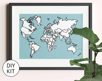 World Map Cross Stitch Kit with country map outlines. Counted Cross Stitch Chart Modern Decor. Aida or Evenweave fabric and DMC floss