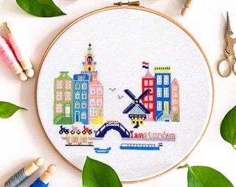 Sunny Modern Amsterdam - Modern Cross Stitch Pattern. Embroidery pattern PDF to make Amsterdam cityscape. Amsterdam cross stitch project