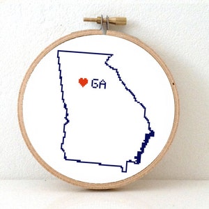 Le modèle original de point de croix de la carte GEORGIA. Modèle d'ornement de Géorgie avec Atlanta. Décor américain. Cadeau de mariage.