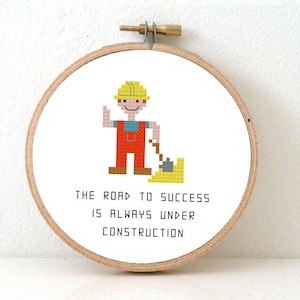 2 x Construction worker cross stitch pattern. new job. cross stitch chart road construction. Road to success cross stitch quote.