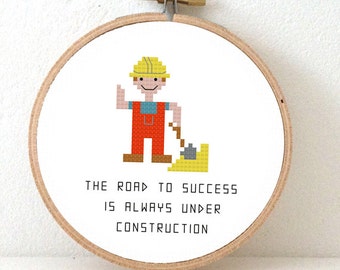 2 x Construction worker cross stitch pattern. new job. cross stitch chart road construction. Road to success cross stitch quote.