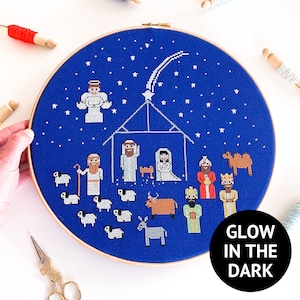 Christmas Nativity cross stitch pattern | Glow in the dark Christian Chirstmas Cross Stitch | Christmas Stall Bethlehem Maria, Josef, Jesus