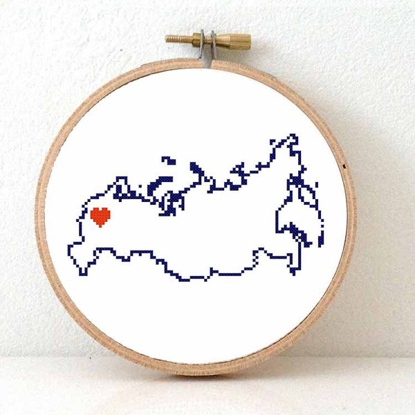 Russia Map Cross Stitch Pattern. Modern Embroidery pattern USSR flag. Russian Moscow map.