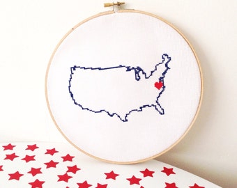 USA Map Cross Stitch Pattern. Easy Embroidery pattern to make United States map poster. Travel theme invitation