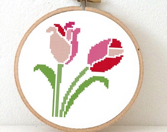 Tulip cross stitch pattern. Spring decorations. Trendy Tulip design, Flower decoration in Pink and red