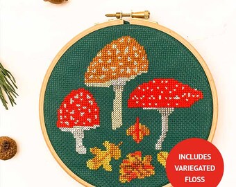 Mushroom cross stitch kit - Studio Koekoek autumn cross stitch collection - includes variegated embroidery floss and wooden hoop