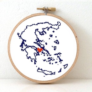 Greece Map cross stitch pattern. Athens Greece art. Map Art Personalized Wedding Gift Anniversary Gift Engagement Gift Heart Map Wall Decor