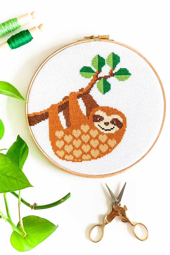 Includes DMC floss Hoop DIY jungle nursery kit sloth cross stitch Modern animal cross stitch charts Sloth cross stitch kit
