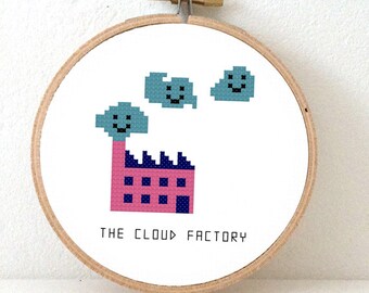 Cloud Factory - Funny cross stitch pattern. Cute embroidery design for DIY home decor, baby girl nursery decor or childrens room decor