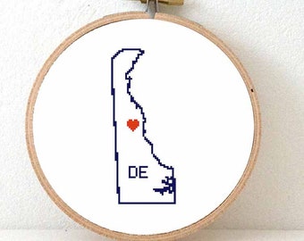 Delaware Map Cross Stitch Pattern | Delaware wedding cross stitch gift with Dover | Delaware state ornament cross stitch chart |  DE decor