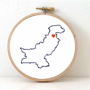 PAKISTAN Map Cross Stitch Pattern. Pakistan embroidery pattern highlighting Islamabad. Pakistani wedding gift image 1