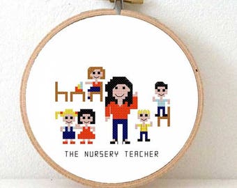 2 x Nursery teacher gift. |   Pixel people cross stitch | pattern back to school cross stitch chart | elementary teacher diy gift