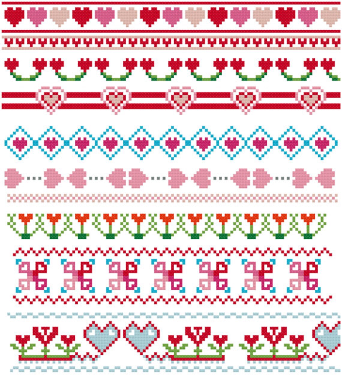 Hearts cross stitch borders pdf pattern love theme cross
