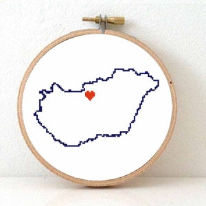 Hungary Map Cross Stitch Pattern. Hungary embroidery pattern highlighting Budapest. Eastern European decor.