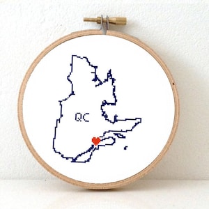 Carte du QUÉBEC au point de croix | Motif d'ornement de Québec avec la ville de Québec | Cadeau de mariage Canada Fête du Québec grille point de croix