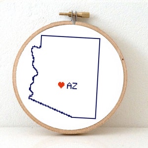 Grille de point de croix carte de l'Arizona | Le cœur original du motif AZ State Needlepoint pour Phoenix | Décor américain | Broder une carte au point de croix