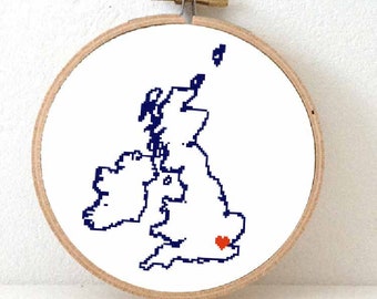 UK Map Cross Stitch Pattern | Easy Embroidery pattern United Kingdom map poster | British Travel theme party | Heart for London Brexit gift