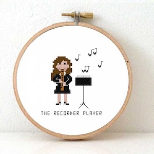 2 x recorder player cross stitch patterns | DIY gift for recorder player teacher | Female musician cross stitch pattern | male music band