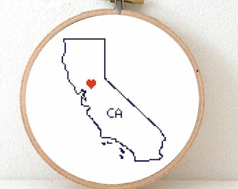 CALIFORNIA Map Cross Stitch Pattern. CA State Needlepoint pattern with Sacramento. USA decor. Wedding gift.